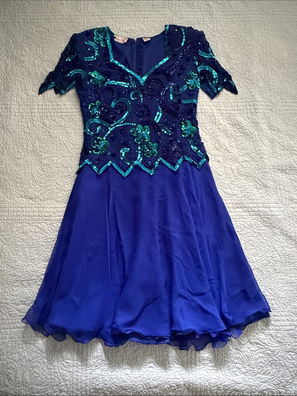 Laurence Kazar Silk Tea-Length Sequin Dress with Teal Accents